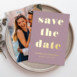 Modern Mauve Photo Save The Date Gold Foil Invitation