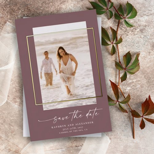 Modern Mauve Photo Save The Date Real Gold   Foil Invitation