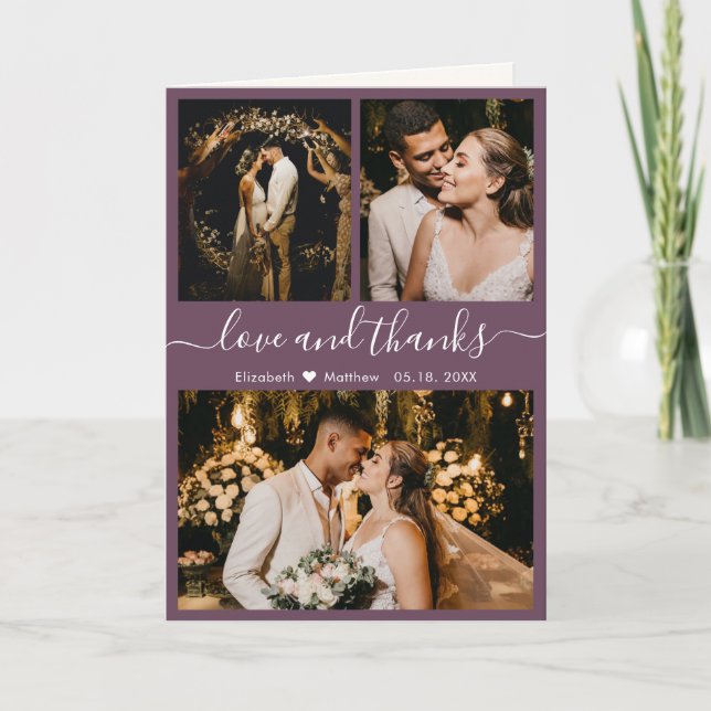 Modern Mauve Wedding 3 Photo Collage Thank You Card (Front)