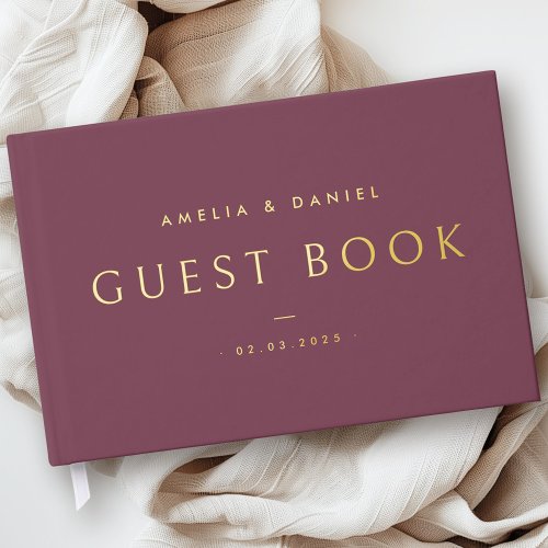 Modern mauve wedding names and date real foil foil guest book 