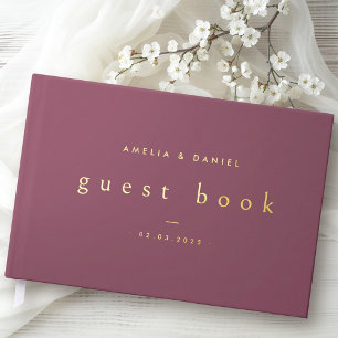 Modern mauve wedding names and date real foil guest book 