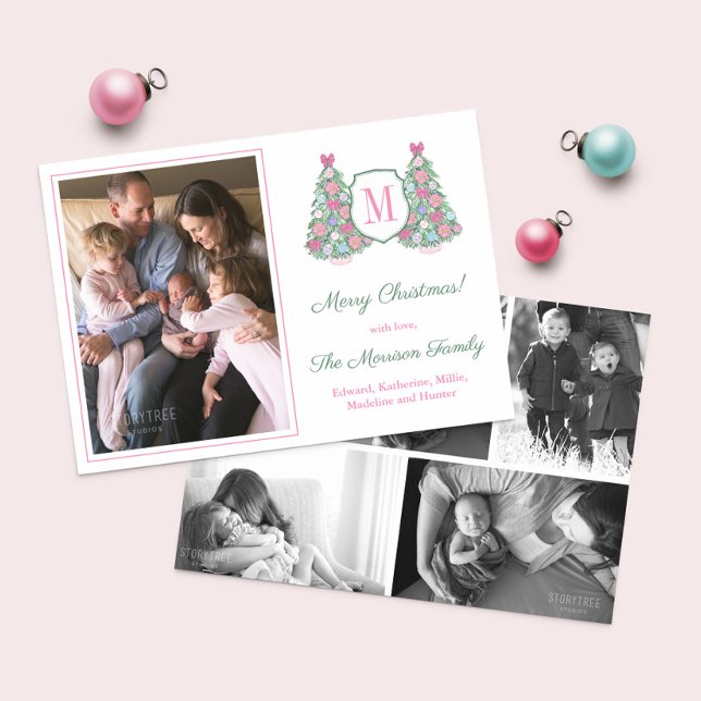 Modern Maximalist Monogram Photo Collage Christmas Holiday Card (Vibrant monogram photo Christmas cards featuring a Holidays tree ornately decorated in jewel colors)