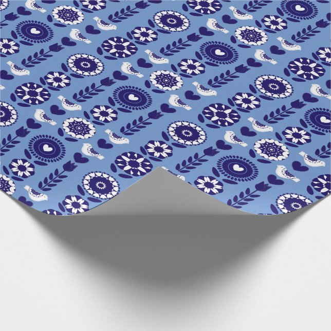 Modern Md Century Cute Floral Pattern Blue White Wrapping Paper (Corner)