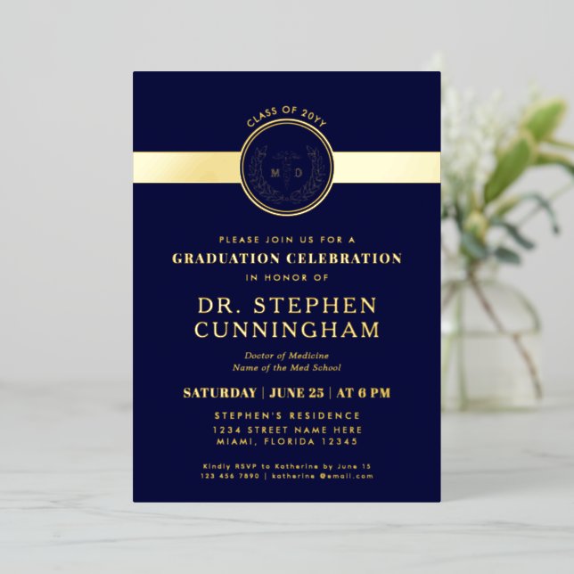 Modern MD Doctor of Medicine Med School Graduation Foil Invitation (Standing Front)