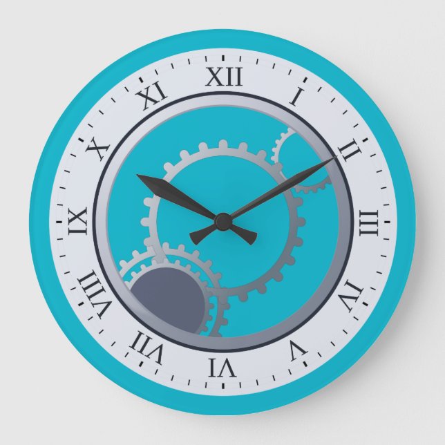 Modern Mechanical Gears on Any Color Large Clock (Front)