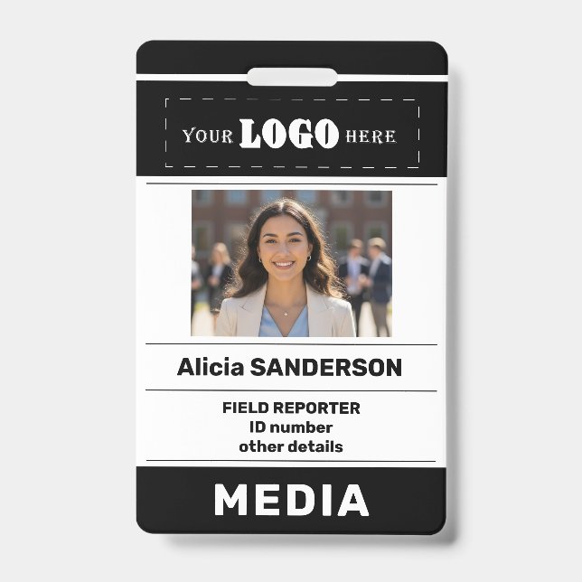 Modern media press custom logo photo black ID Badge (Front)