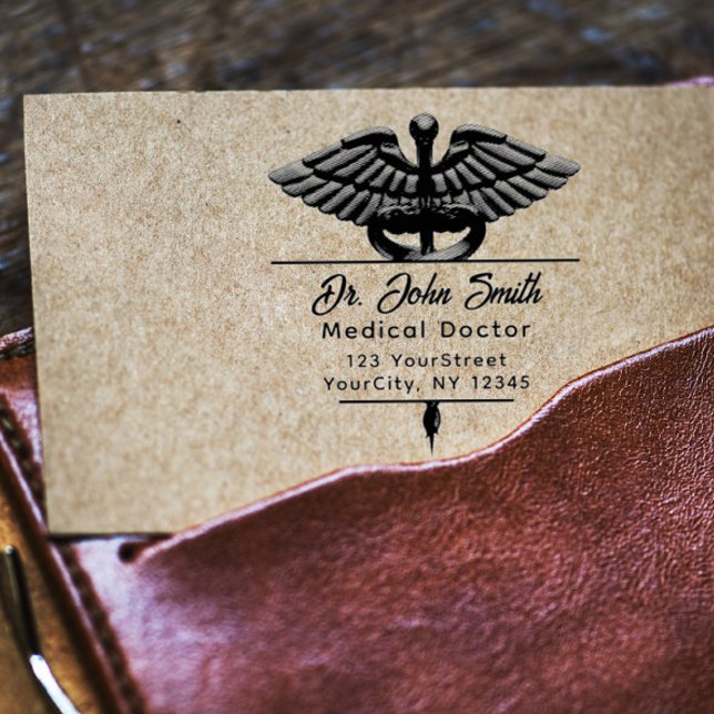 Modern Medical Caduceus Script Name Return Address Rubber Stamp (Creator Uploaded)