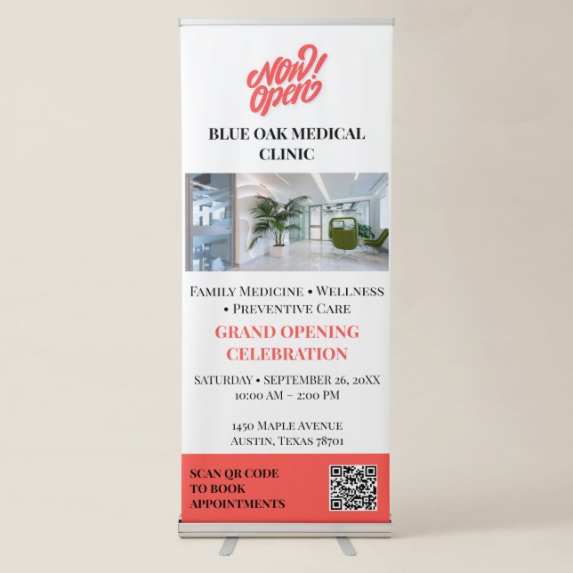 Modern Medical Clinic Now Open  QR Code Retractable Banner (Front)