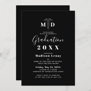 Modern Medical Doctor MD Black White Graduation Invitation