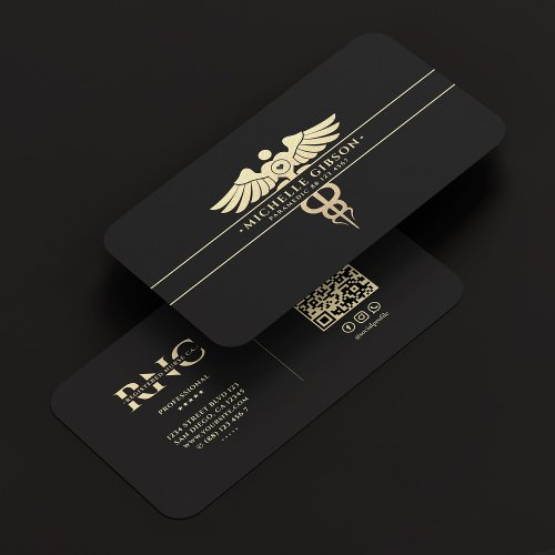 Modern Medical Doctor Monogram Caduceus Black Gold Business Card