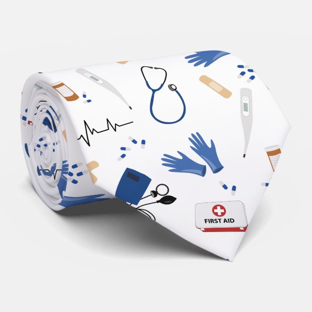 Modern Medical Doctor Nurse Pattern Neck Tie (Rolled)