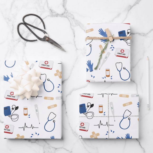 Modern Medical Doctor Nurse Pattern Wrapping Paper Sheets (Front)