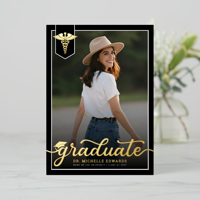 Modern Medical School Graduate Photo Graduation Foil Invitation (Standing Front)