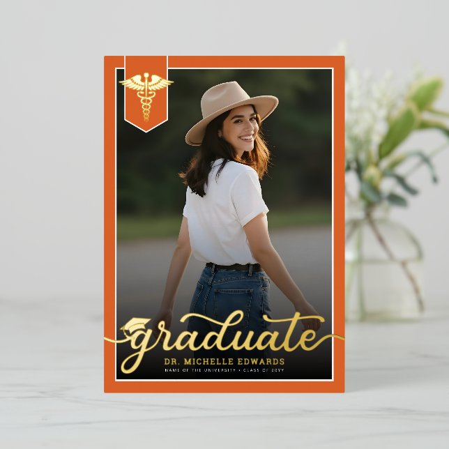 Modern Medical School Graduate Photo Graduation Foil Invitation (Standing Front)