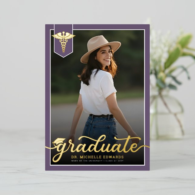 Modern Medical School Graduate Photo Graduation Foil Invitation (Standing Front)