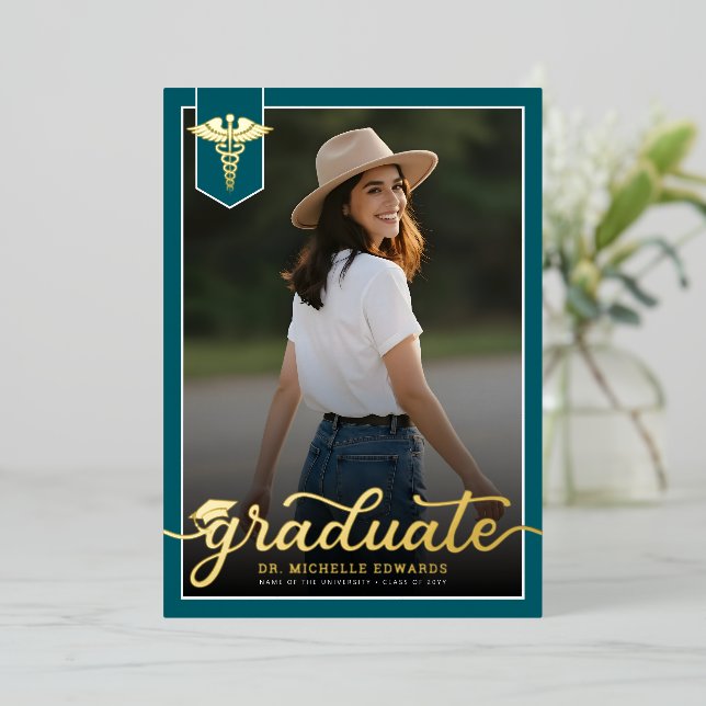 Modern Medical School Graduate Photo Graduation Foil Invitation (Standing Front)
