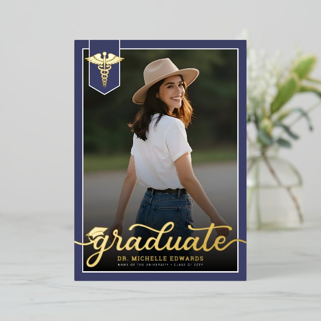 Modern Medical School Graduate Photo Graduation Foil Invitation (Standing Front)