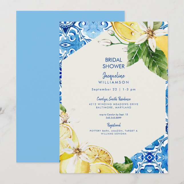 Modern Mediterranean Blue Bridal Shower Invitation (Front/Back)