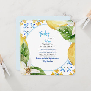 Modern Mediterranean Blue & Lemons Baby Shower Inv Invitation