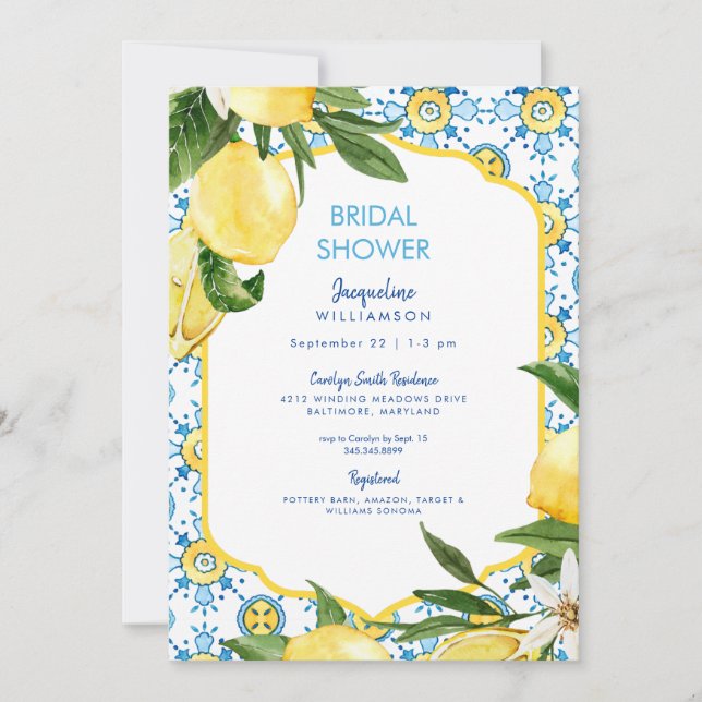 Modern Mediterranean Blue & Lemons Bridal Shower Invitation (Front)