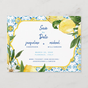 Modern Mediterranean Blue & Lemons Save the Date Announcement Postcard