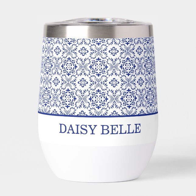Modern Mediterranean Blue Mosaic Wedding Thermal Wine Tumbler (Front)