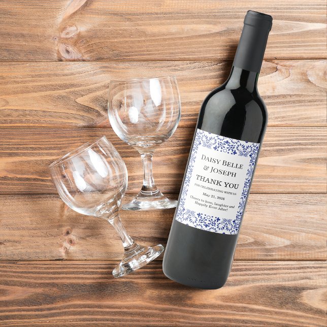 Modern Mediterranean Blue Mosaic Wedding Wine Label (Creator Uploaded)