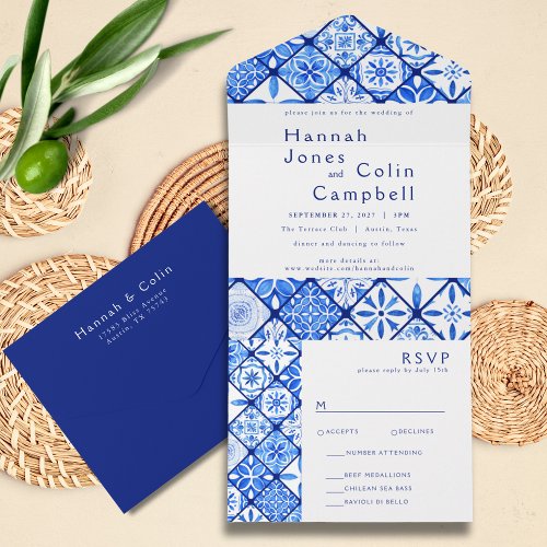 Modern Mediterranean Blue Tile Wedding All In One Invitation