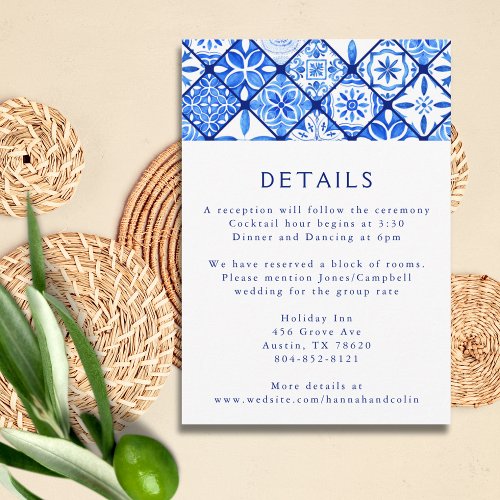 Modern Mediterranean Blue Tile Wedding Enclosure Card