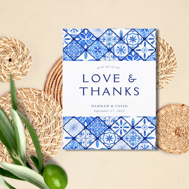 Modern Mediterranean Blue Tile Wedding Letterpress Thank You Card (Creator Uploaded)