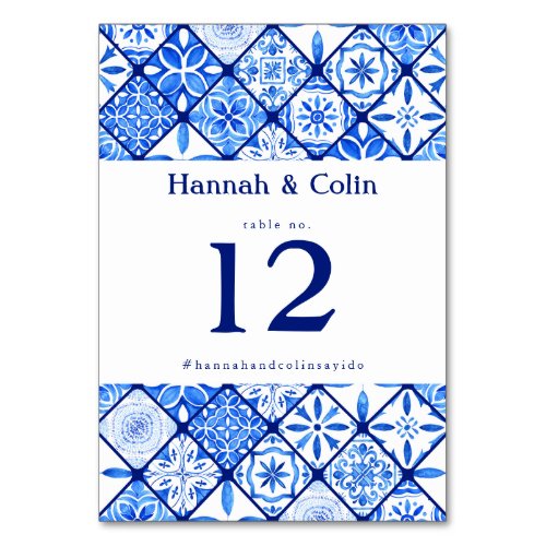 Modern Mediterranean Blue Tile Wedding Table Number