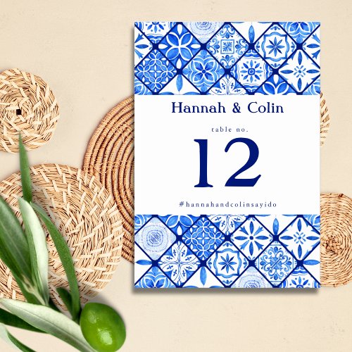 Modern Mediterranean Blue Tile Wedding Table Number