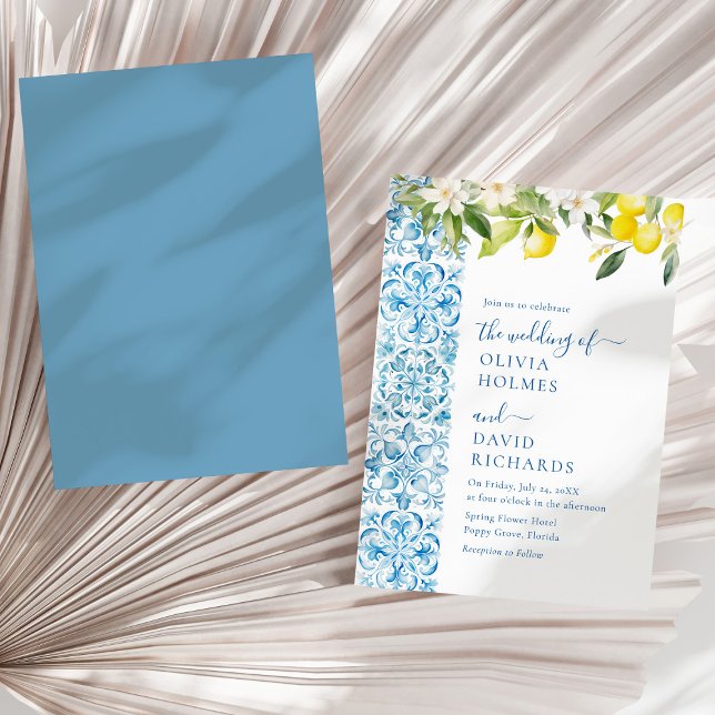 Modern Mediterranean Blue Tiles and Lemon Wedding Invitation (Modern Mediterranean Blue Tiles and Lemon Wedding Invitation on a sunny white dry palm leaf.)