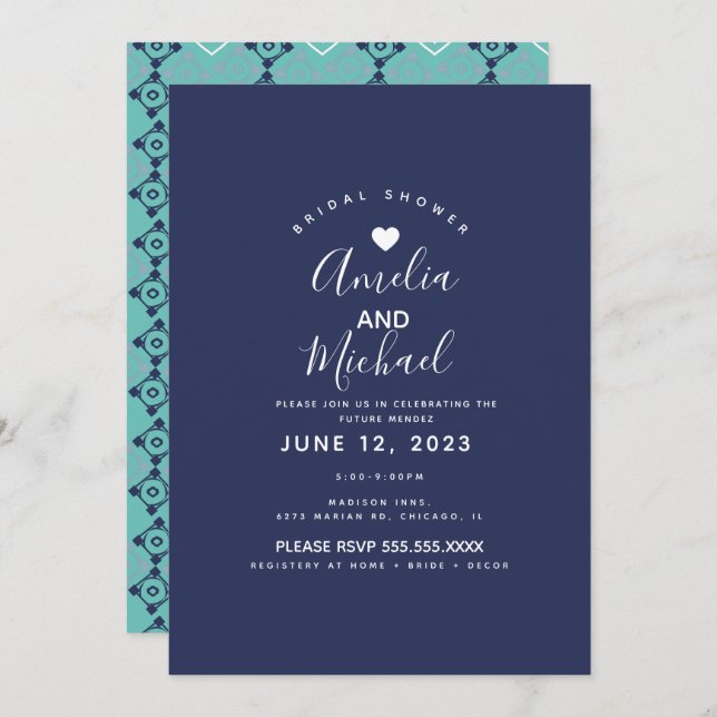 Modern Mediterranean Bridal Romantic Tiles Navy Invitation (Front/Back)