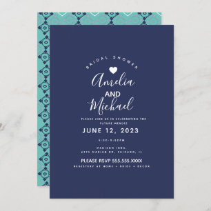 Modern Mediterranean Bridal Romantic Tiles Navy Invitation