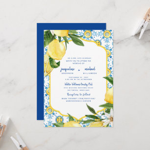 Modern Mediterranean Cobalt Blue & Lemons Parents Invitation
