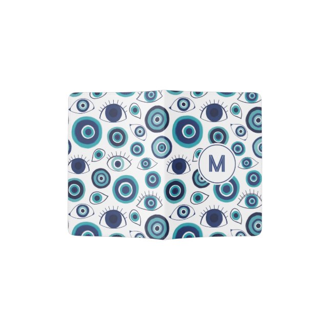 Modern Mediterranean Greek Evil Eye Monogram Passport Holder (Opened)