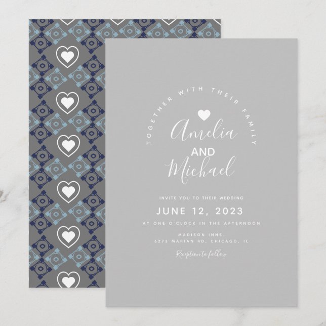 Modern Mediterranean Heart Wedding Gray Invitation (Front/Back)