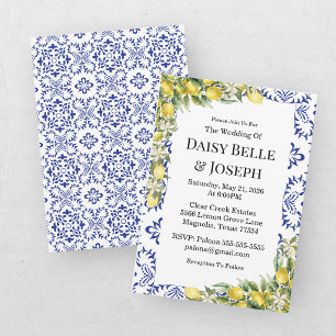 Modern Mediterranean Lemon Blue Mosaic Wedding Invitation