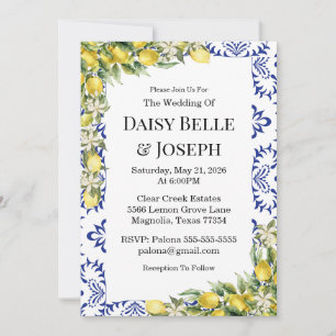 Modern Mediterranean Lemon Blue Mosaic Wedding Invitation