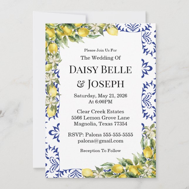 Modern Mediterranean Lemon Blue Mosaic Wedding Invitation (Front)