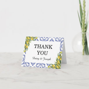 Modern Mediterranean Lemon Blue Mosaic Wedding Letterpress Thank You Card