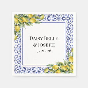 Modern Mediterranean Lemon Blue Mosaic Wedding Napkins