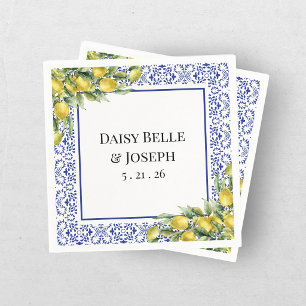Modern Mediterranean Lemon Blue Mosaic Wedding Napkins