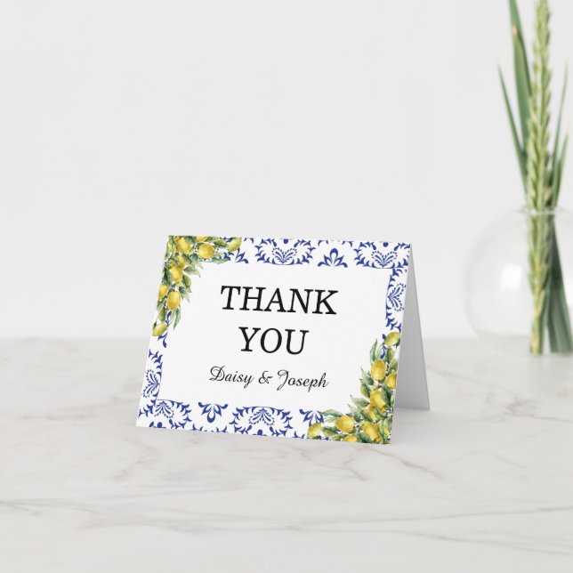 Modern Mediterranean Lemon Blue Mosaic Wedding Thank You Card (Front)