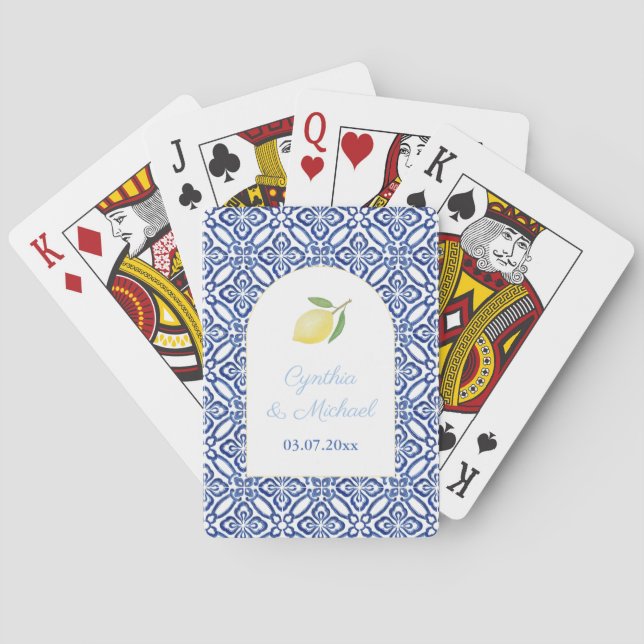 Modern Mediterranean Lemon Blue Tile Wedding Favor Poker Cards (Back)