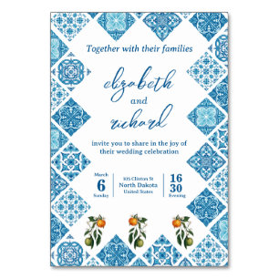 Modern Mediterranean Lemon Blue Tile Wedding Table Number