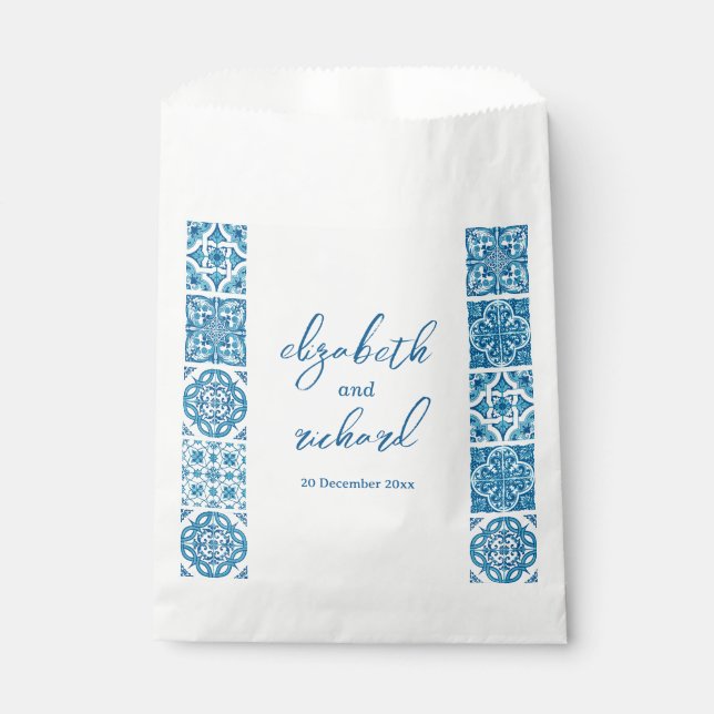 Modern Mediterranean Lemon Blue Tiles Wedding Favor Bag (Front)