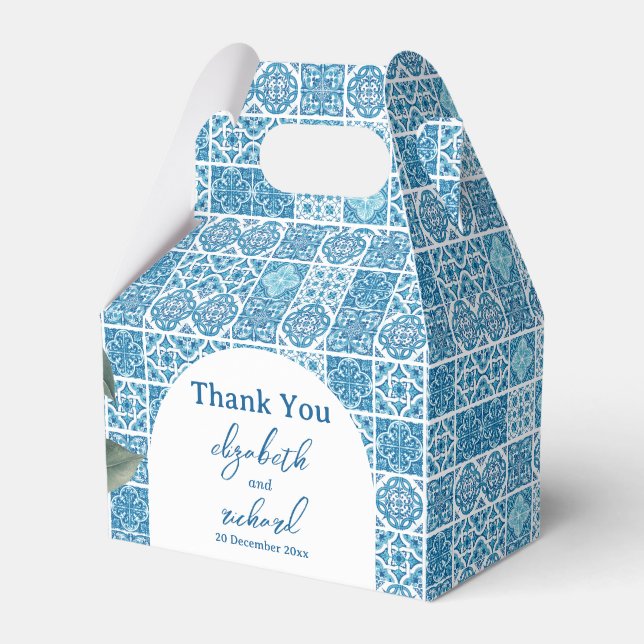 Modern Mediterranean Lemon Blue Tiles Wedding Favor Boxes (Front Side)