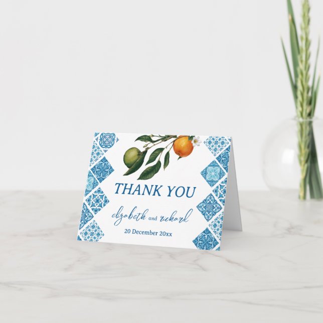 Modern Mediterranean Lemon Blue Tiles Wedding Letterpress Thank You Card (Front)